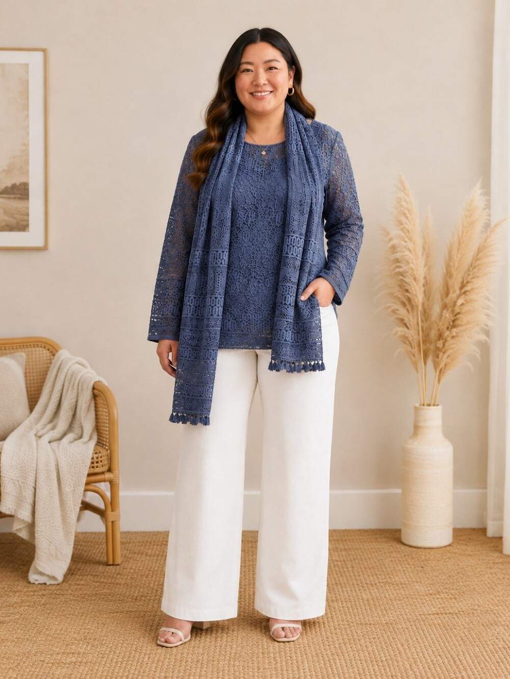 Long Sleeve Blue Lace Top with Matching Scarf